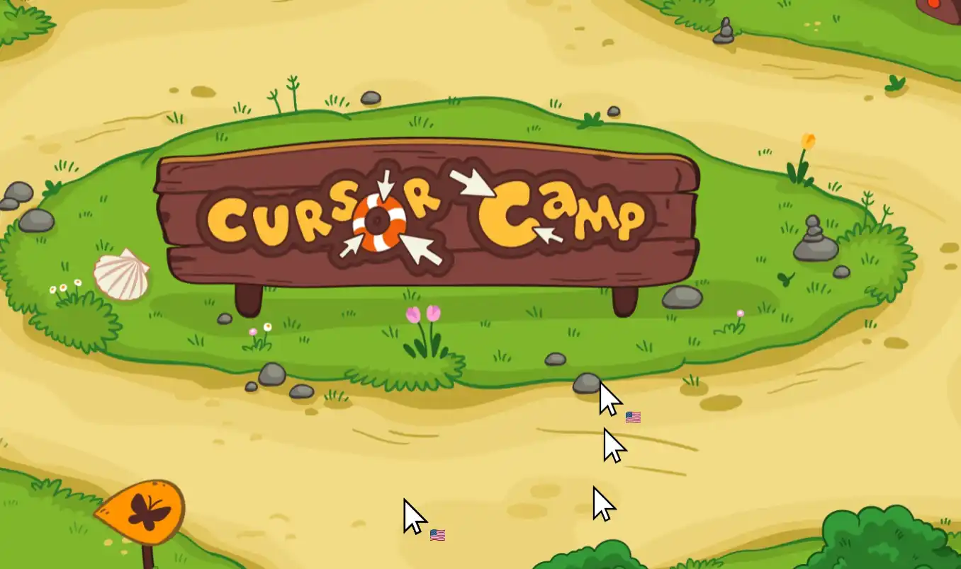 Screenshot of Cursor Camp game main screen showing a wooden sign and multiple mouse cursors in a cartoon grassy field.